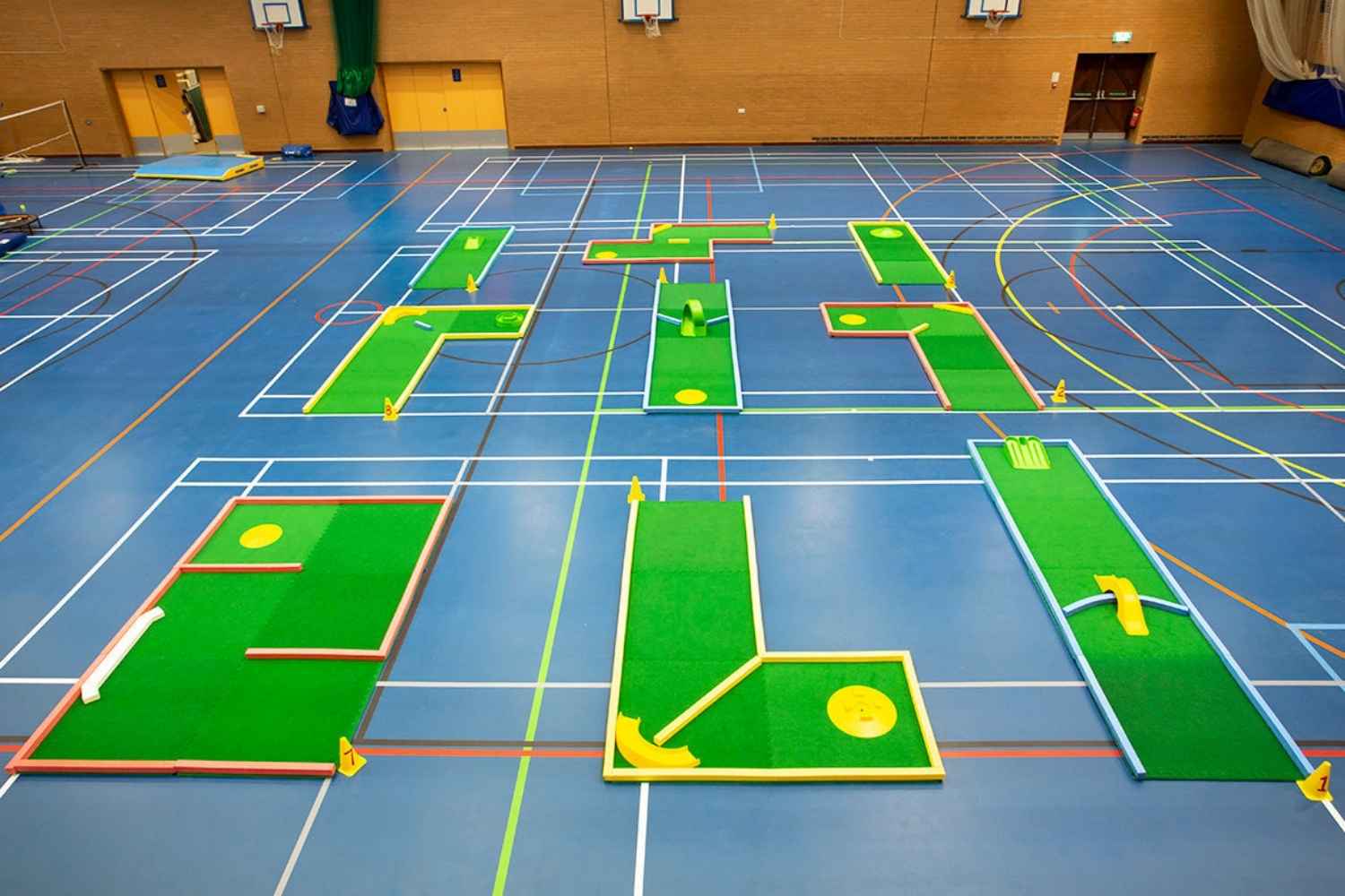 Birds eye view of supersize mini golf course - 9 large holes