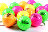 Fourteen mini golf ball keyrings in yellow, orange, green, and pink, each adorned with the Putterfingers logo