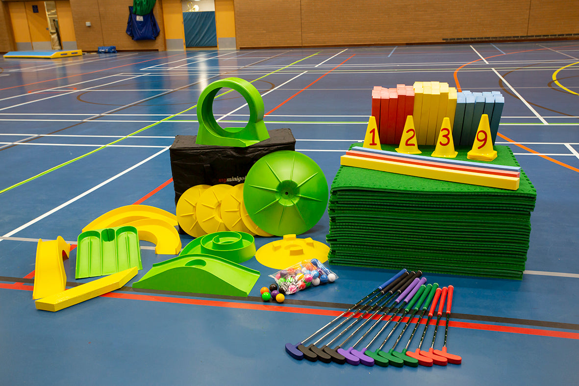 whats included in funsize mini golf course - my mini golf obstacles, putters, balls, astro tiles, bumpers and cones 