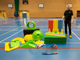 whats included in the schools partysize mini golf course - astro tiles, my mini golf obstacles, bumpers, cones, putters and balls