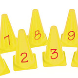 9 yellow mini golf cones